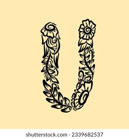 letra alfabética diseño vectorial con ornamento floral de hojas de estilo negro adecuado para banner, afiche, decoración, arte, portada