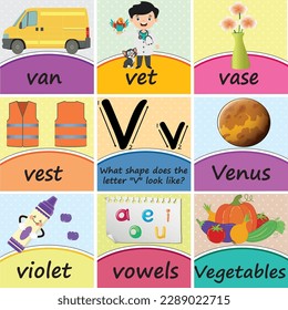 Letra alfabeta ''Vv''  Hoja de trabajo de tarjetas de Word con carteles de flash Decor de aulas imprimible para niños de preescolar, kindergarten, de preescolar y primaria, con una pregunta lógica sobre la carta
