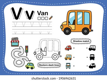 Alphabet Letter V-van exercise with cartoon vocabulary illustration, vector