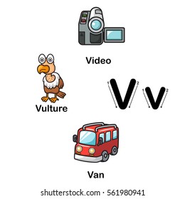 Alphabet Letter V-video,vulture,van vector illustration