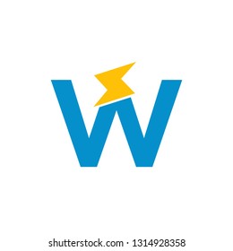 Alphabet Letter W. Blue and Yellow. Electricity Cartoon Style Typograph. Can use for icon or logo