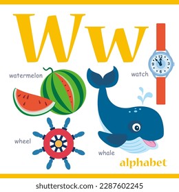 Alphabet letter W with cartoon vocabulary illustration: watermelon, watch, whale, wheel. Cute children ABC alphabet flash card with letter W for kids learning English vocabulary.