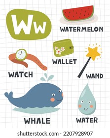 Alphabet-Brief W mit süßer Objekt- und Tiergrafik für Kinder beim Lernen