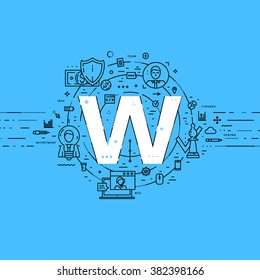 Letra alfabética W. Flat Style, delgado diseño de arte de líneas. Conjunto de desarrollo de aplicaciones, codificación de sitios web, información, tecnologías móviles, iconos de negocios y elementos. Colección moderna de vectores de concepto
