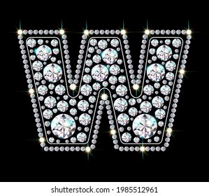 Alphabet letter W made from bright, sparkling diamonds. Jewelry font. 3d realistic style vector illustration.