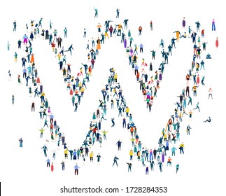 Alphabet. Letter W made of many little people, crowd creation. Lots of busy people in the letter shape. 