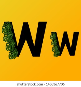 Alphabet, the letter W on yellow background, with exotic green leaves, black, vector illustration, eps 10 