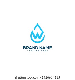 Alphabet letter W and water drop. Flat vector logo design template element.