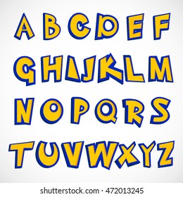 Letra alfabética escrita en una ilustración vectorial de un juego de dibujos animados. Cartas para el diseño, sitio web, fondo, cartel. Elemento para el texto. Azul apoplo amarillo.