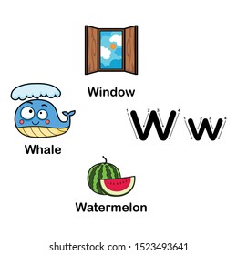 Alphabet Letter W-watermelon,whale,window vector illustration