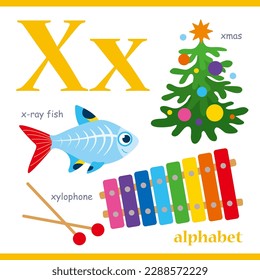 Letra alfabeta X con ilustración de vocabulario de dibujos animados: xmas, xilófono, peces de rayos X. Niños cortos tarjeta flash del alfabeto ABC con letra X para niños que aprenden vocabulario inglés.