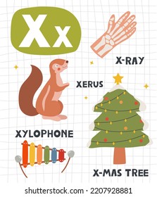 Alphabet letter X with cute object and animal illustration for children learning