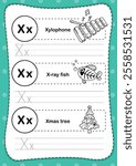Alphabet letter X exercise with cartoon vocabulary for coloring book illustration, vector