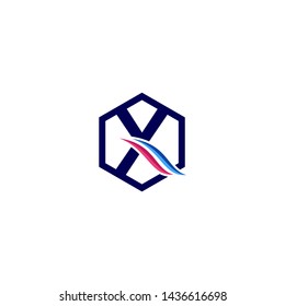Alphabet letter X logo design concept with blue and pink waves into hexagonal frame