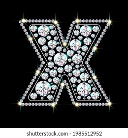 Alphabet letter X made from bright, sparkling diamonds. Jewelry font. 3d realistic style vector illustration.