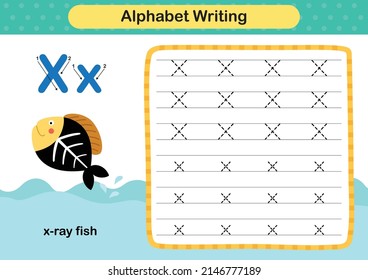 Alphabet Letter  X - x ray fish exercise with cartoon vocabulary illustration, vector