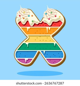 Alphabet letter X shaped rainbow cake