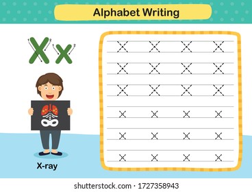 Alphabet Letter X-X ray exercise with cartoon vocabulary illustration, vector