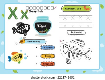 Alphabet Letter X-Xray fish  exercise with cartoon vocabulary illustration, vector