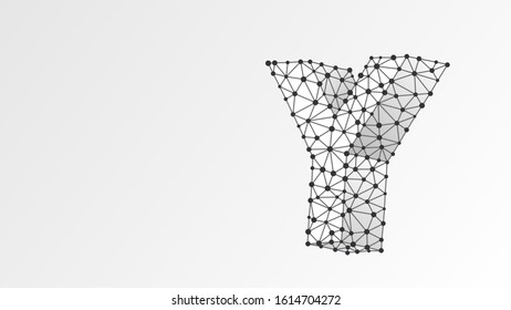 Alphabet letter Y. Abstract digital wireframe, low poly mesh, vector white origami 3d illustration. Design of an Uppercase english letter. Banner, template or a pattern. Line, dot
