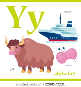 Alphabet letter Y with cartoon vocabulary illustration: yacht, yak, yarn. Cute children ABC alphabet flash card with letter Y for kids learning English vocabulary.