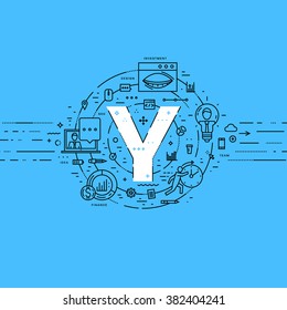 Alphabet Letter Y. Flat Style, Thin Line Art Design. Set of application development, web site coding, information, mobile technologies, business icons and elements. Modern concept vectors collection