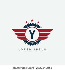 Alphabet letter Y logo mechanical circle shape concept with wings ornament silhouette