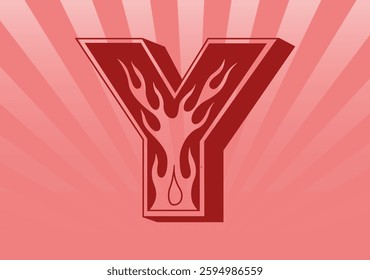 Alphabet letter Y with ornament flames. Sunburst background. Vector illustration