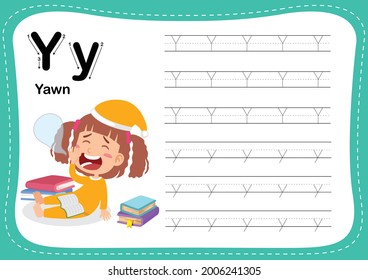 Alphabet Letter Y - Yawn Exercise With Cut Girl Vocabulary Illustration, Vector