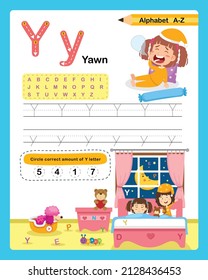 Alphabet Letter Y - Yawn exercise with cartoon vocabulary illustration, vector