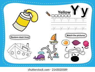 Alphabet Letter Y - Yellow exercise with cartoon vocabulary illustration, vector