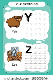 Alphabet Letter Y - Z exercise with cartoon vocabulary illustration, vector