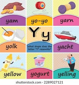 Alphabet Letter ''Yy''  Word poster-flash cards worksheet Printable Classroom Decor for Preschool, Kindergarten, Homeschool, and Elementary Kids, with a Logical Question about the Letter
