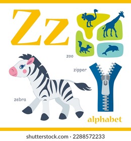 Letra alfabeta Z con ilustración de vocabulario de dibujos animados: cebra, cremallera, zoo. Niños cortos tarjeta flash del alfabeto ABC con letra Z para niños que aprenden vocabulario inglés.