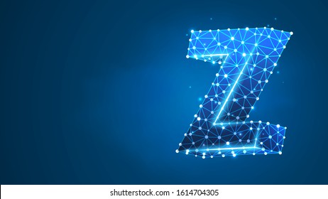 Alphabet letter Z. Design of an Uppercase english letter. Banner, template or a pattern. Abstract digital wireframe, low poly mesh, vector blue neon 3d illustration. Triangle, line, dot