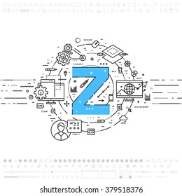Alphabet Letter Z. Flat Style, Thin Line Art Design. Set of application development, web site coding, information, mobile technologies, business icons and elements. Modern concept vectors collection
