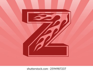 Alphabet letter Z with ornament flames. Sunburst background. Vector illustration