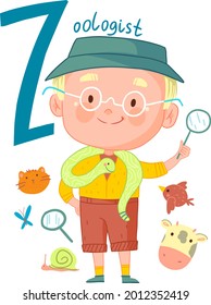 alphabet letter z profession zoologist with animals