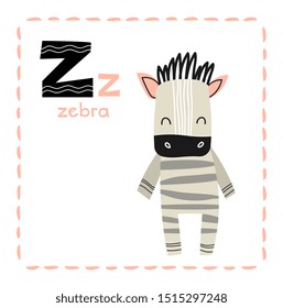 Alphabet letter Z for Zebra for kids with upper and lower case letters, alongside an adorable striped zebra in an educational vector for teaching children to read and spell