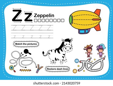 Alphabet Letter Z - zeppelin exercise with cartoon vocabulary illustration, vector