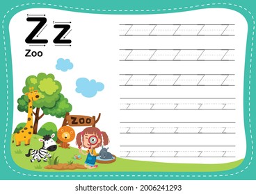 Alphabet Letter Z - Zoo exercise with cut girl vocabulary illustration, vector