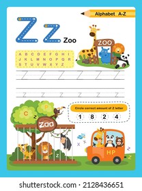 Alphabet Letter Z - Zoo  exercise with cartoon vocabulary illustration, vector