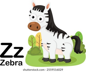 Alphabet Letter Z-Zebra with cartoon vocabulary illustration, vector