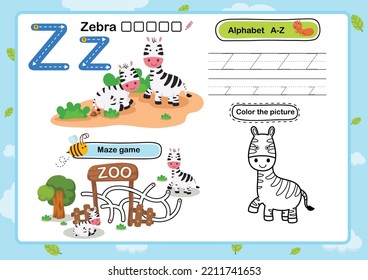 Ejercicio alfabético Z-cebra con ilustración de vocabulario de dibujos animados, vector