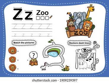 Alphabet Letter Z-zoo exercise with cartoon vocabulary illustration, vector