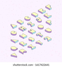 Alphabet letters with 3d isometric effect on abstract background.