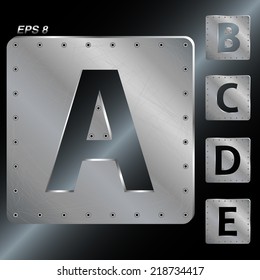 Alphabet. The letters A, B, C, D, E. Metal plates with rivets. Vector EPS 8.