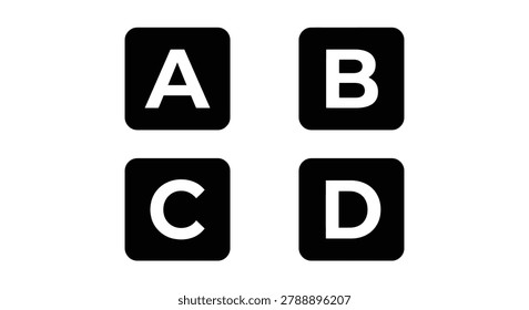 alphabet letters a, b, c, d displayed in black squares. the design uses a silhouette style, creating a bold and minimalist appearance.