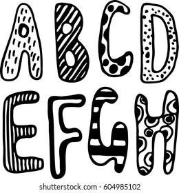 Alphabet. Letters A, B, C, D, E, F, G, H. Part 1. Hand drawn lettering.