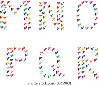 Alphabet letters abc font made of flags in heart. vector